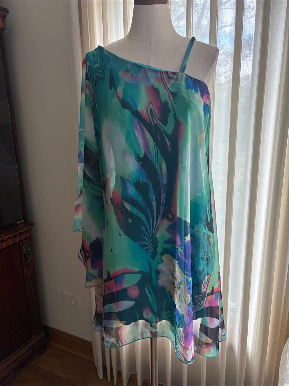 Bisou Bisou one shoulder watercolor abstract flowy mini dress kimono sleeve 10
